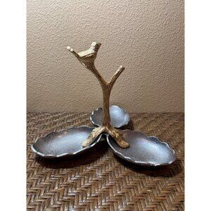 Gold & Silver Metal Pewter Bird Stand With Three Leaf-Shaped Snack Trays